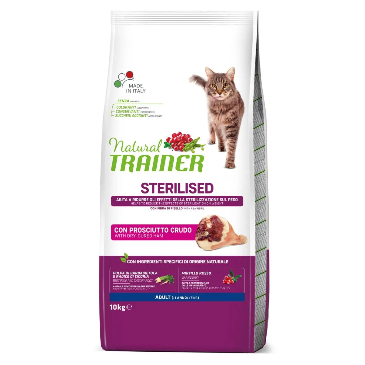 Natural Trainer Sterilised Cibo Secco Con Prosciutto Crudo Per Gatti Adulti Sterilizzati