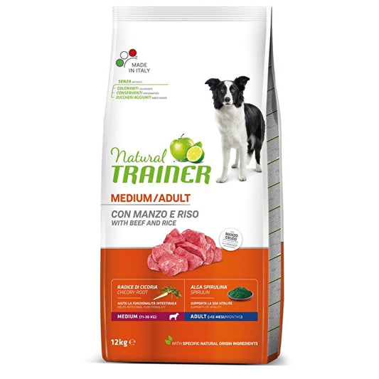 Natural Trainer Medium Adult Con Manzo e Riso Per Cani Adulti Taglia Media