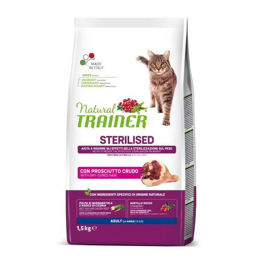 Natural Trainer Sterilised Cibo Secco Con Prosciutto Crudo Per Gatti Adulti Sterilizzati