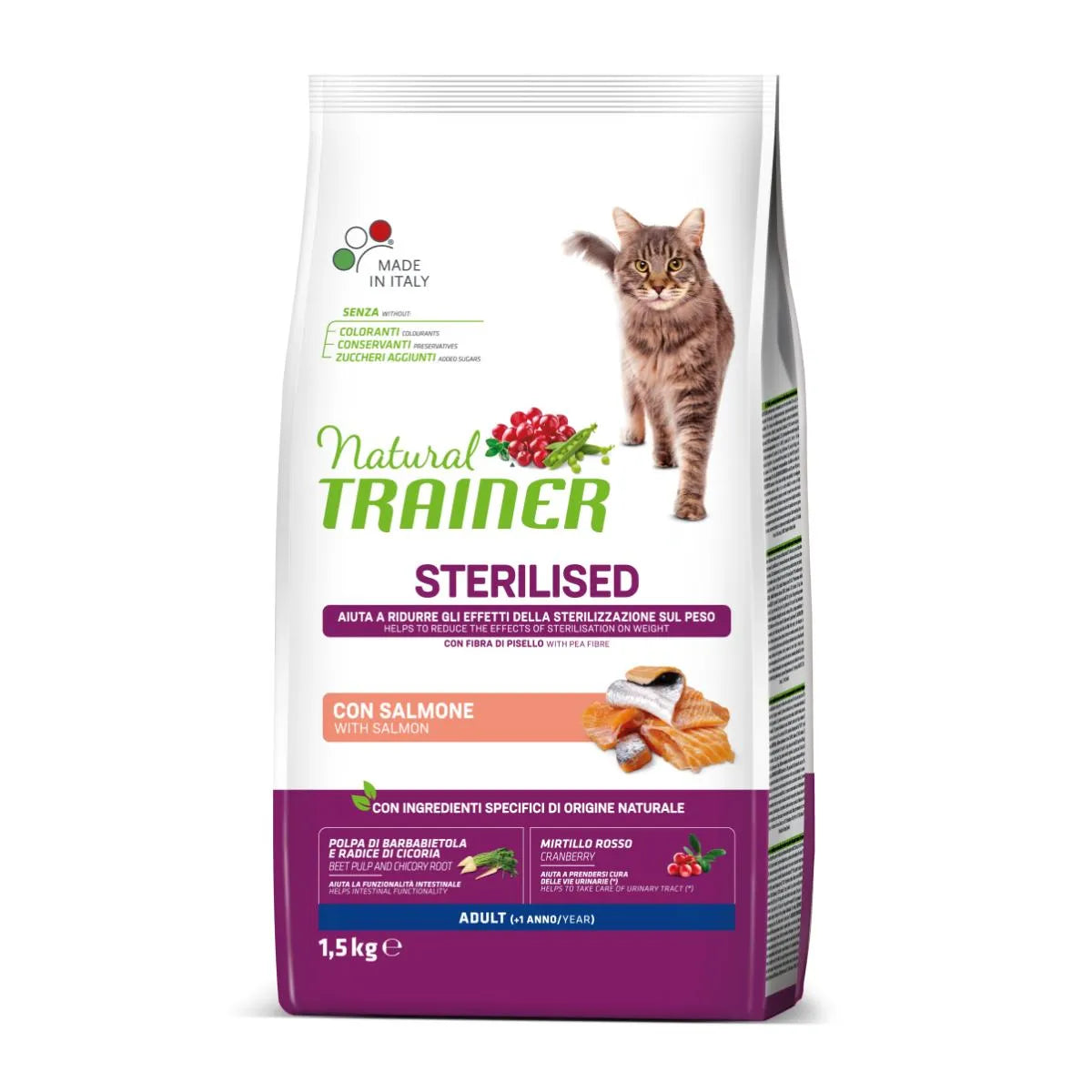 Natural Trainer Sterilised Cibo Secco Con Salmone Per Gatti Adulti Sterilizzati