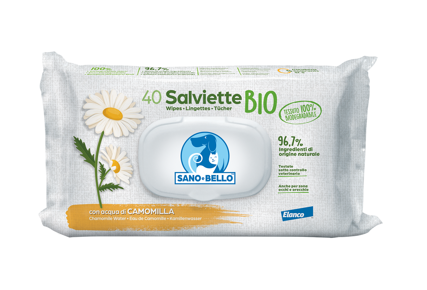 Sano & Bello Salviette Detergenti BIO 40 Pezzi Per Cani Gatti e Cuccioli