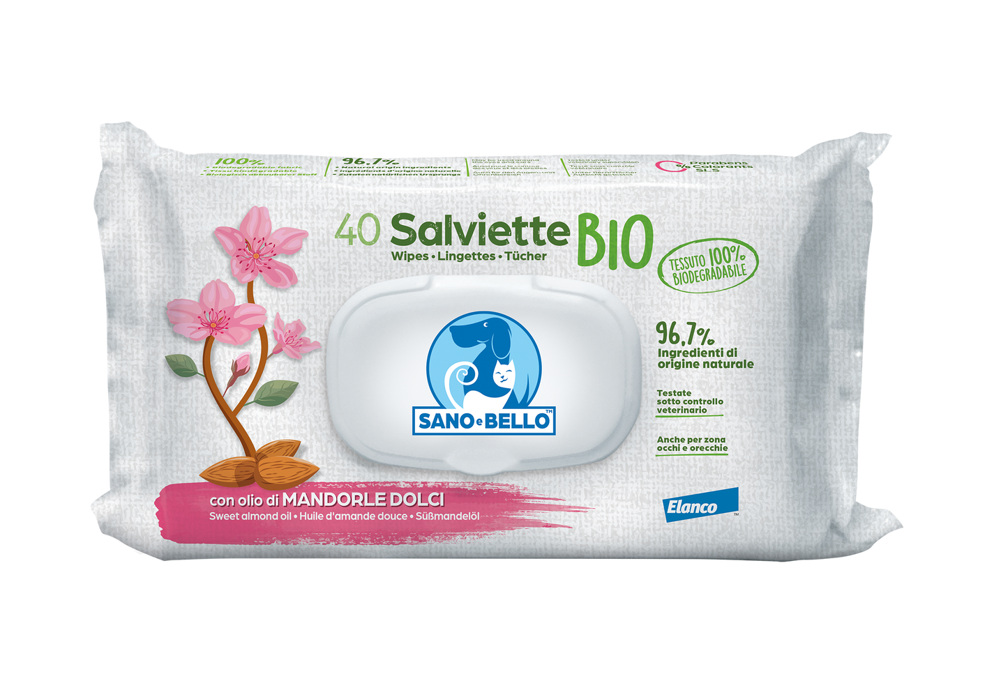 Sano & Bello Salviette Detergenti BIO 40 Pezzi Per Cani Gatti e Cuccioli