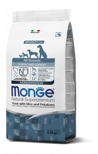 Monge Natural Superpremium All Breeds Puppy Junior Trota con Riso e Patate Cibo Secco per Cani Cuccioli di Tutte le Taglie