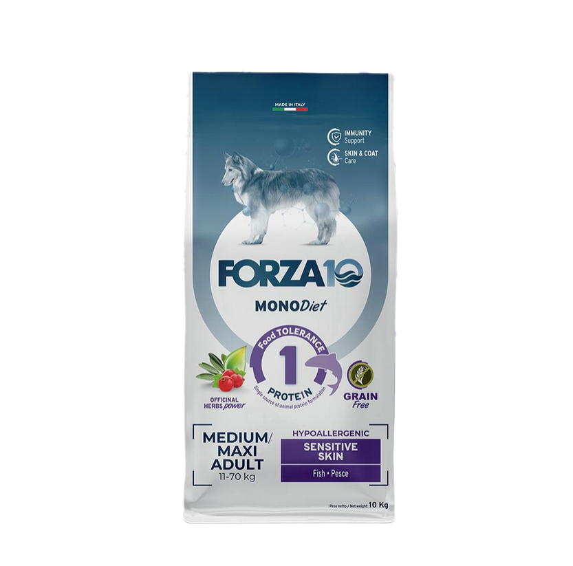 Forza 10 Sensitive Skin Grain Free Medium Maxi al Pesce 10 kg Cibo Secco per Cani Adulti di Taglia Media e Grande