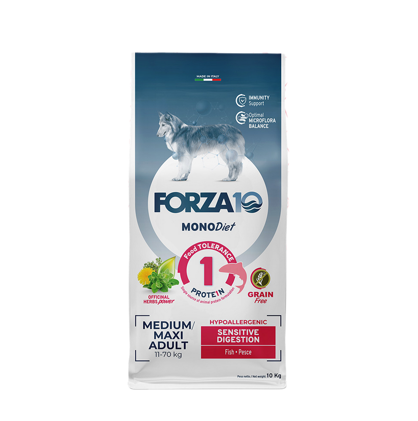 Forza 10 Medium Maxi Sensitive Digestion Grain Free al Pesce 10 kg Cibo Secco per Cani Adulti (ex Legend)