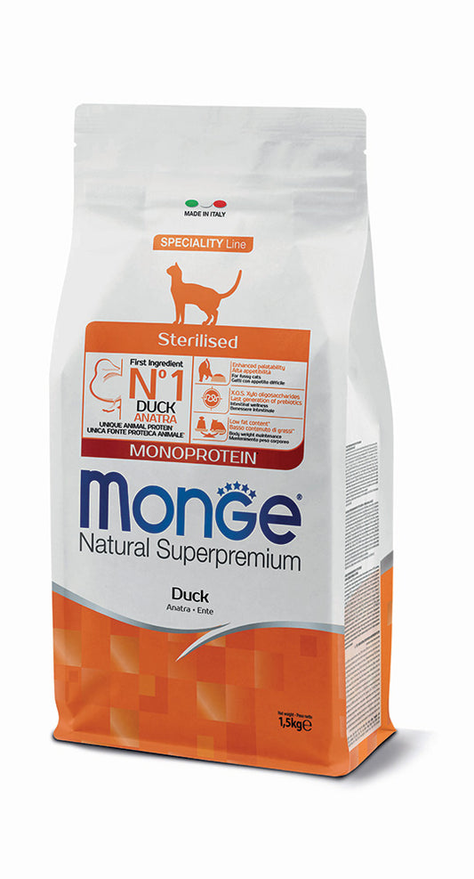 Monge Natural Superpremium Sterilised Monoprotein Anatra Cibo Secco per Gatti Adulti Sterilizzati