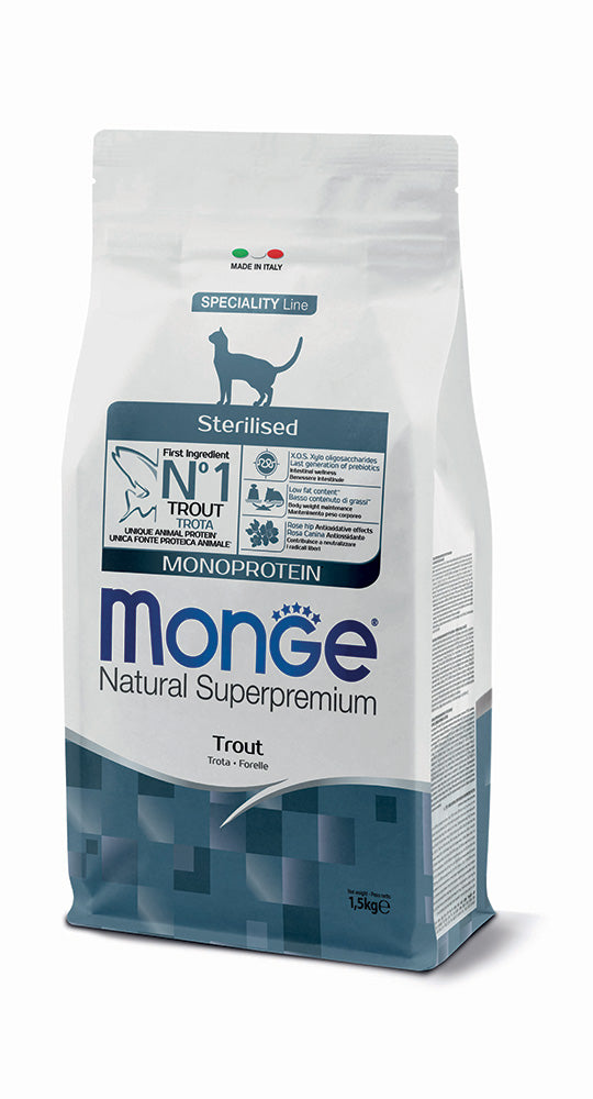 Monge Natural Superpremium Sterilised Monoprotein Trota Cibo Secco per Gatti Adulti Sterilizzati