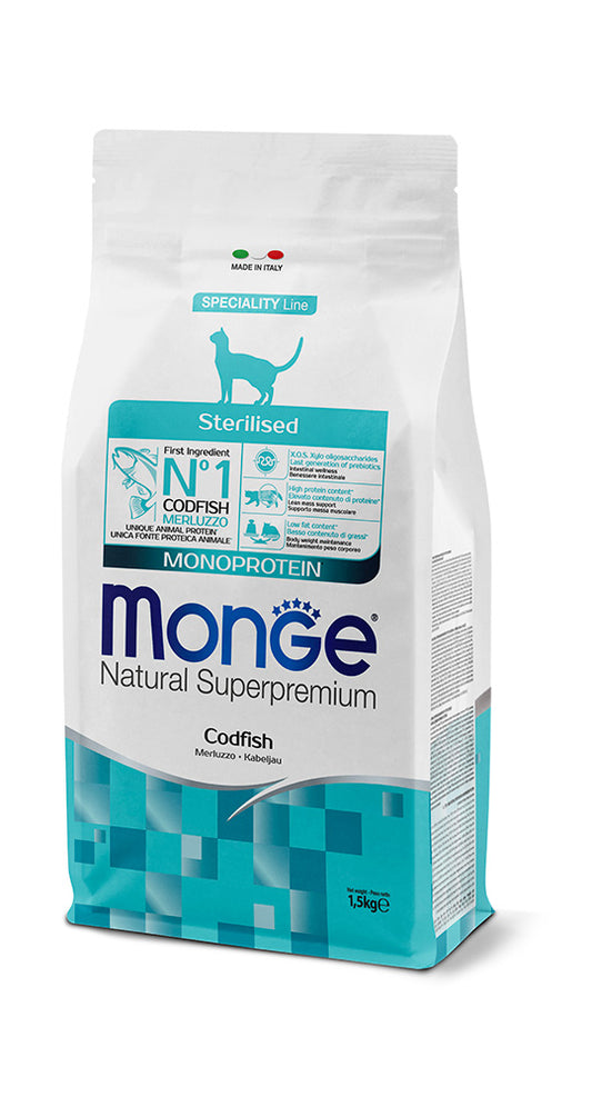 Monge Natural Superpremium Sterilised Monoprotein 1,5 kg Merluzzo Cibo Secco per Gatti Adulti Sterilizzati