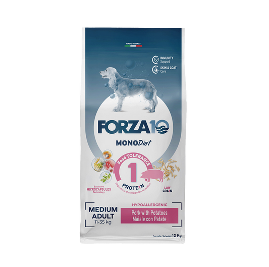 Forza 10 Monodiet Medium Adult al Maiale con Patate Cibo Secco per Cani Adulti di Taglia Media