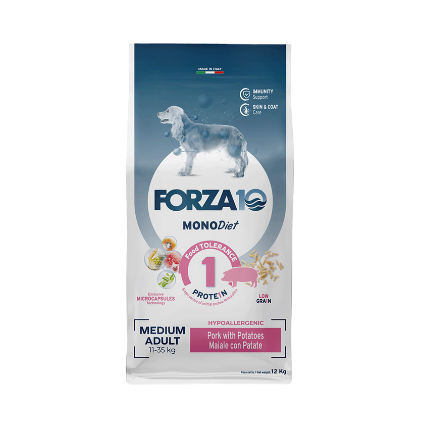 Forza 10 Monodiet Medium Adult al Maiale con Patate Cibo Secco per Cani Adulti di Taglia Media