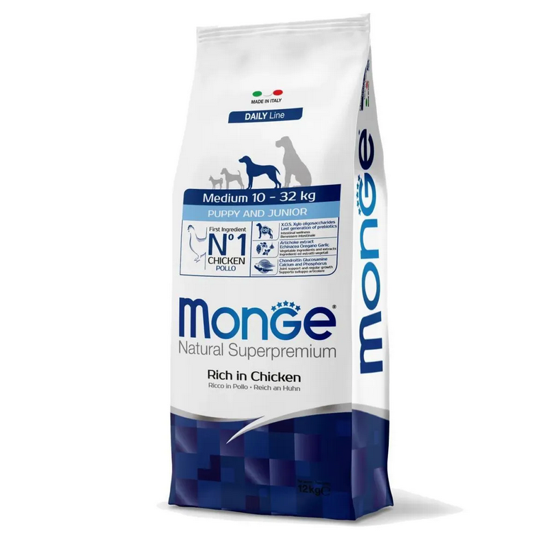 Monge Natural Superpremium Medium Puppy Junior Ricco in Pollo Cibo Secco per Cani Cuccioli di Taglia Media