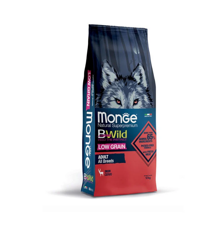 Monge Bwild Low Grain All Breeds Adult Cervo Cibo Secco per Cani Adulti di Tutte le Taglie