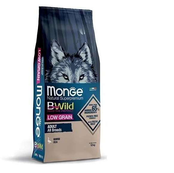 Monge Bwild Low Grain All Breeds Cane Adulto Oca Cibo Secco per Cani Adulti di Tutte le Taglie