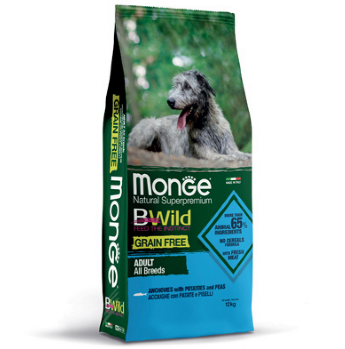 Monge Bwild Grain Free All Breeds Acciughe con Patate e Piselli Cibo Secco per Cani Adulti