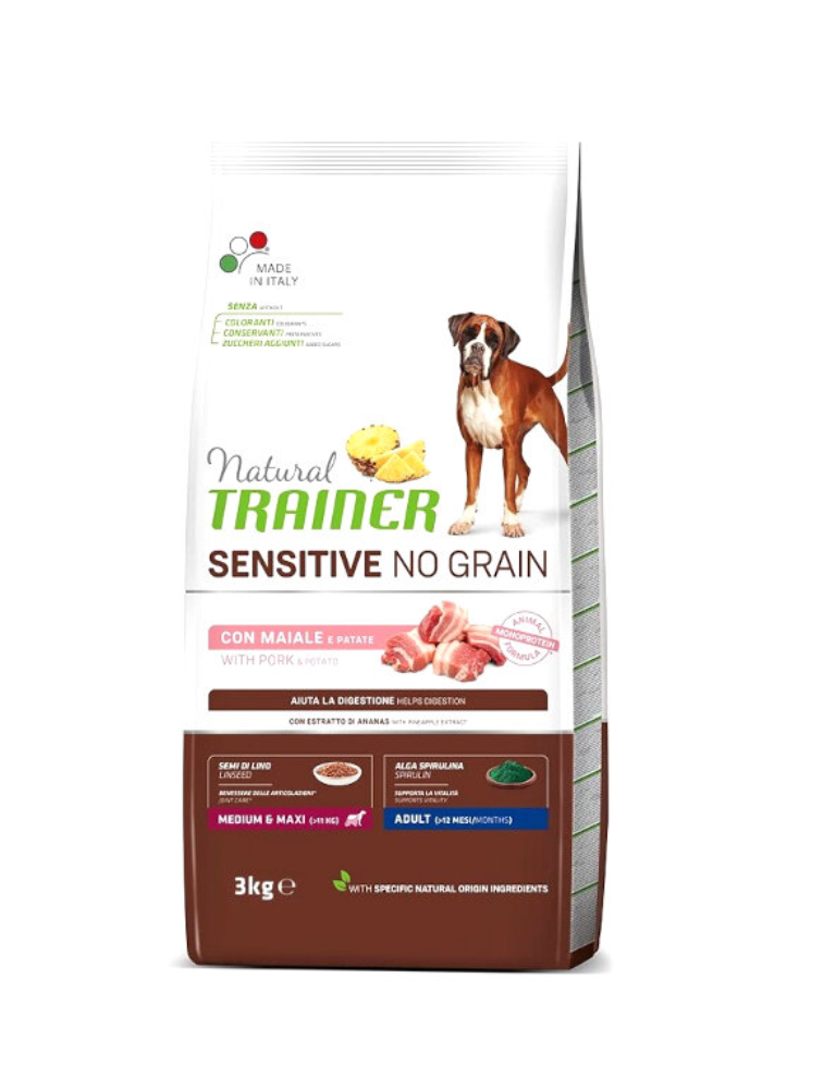 Natural Trainer Adult Medium & Large Sensitive No Grain Con Maiale e Patate Per Cani Adulti Di Taglia Media e Grande