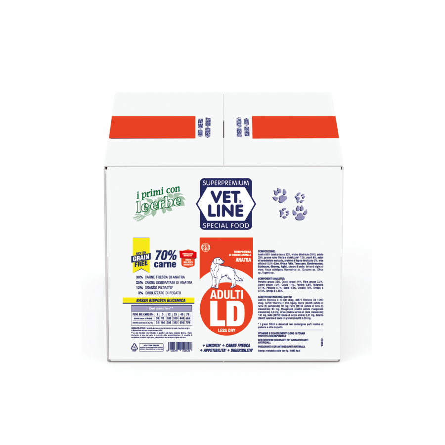 Vet Line Adulti LD Anatra 12Kg (4 Pezzi x 3Kg) Crocchette Per Cani