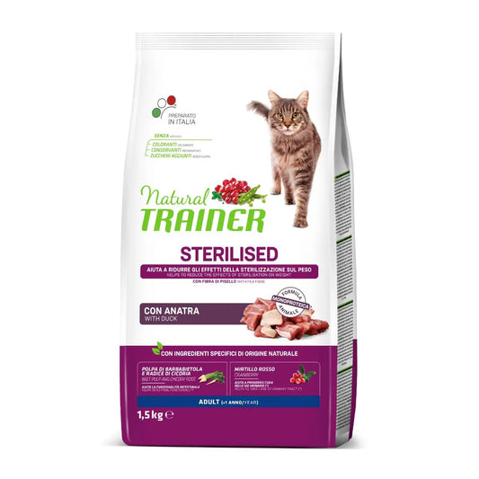 Natural Trainer Sterilised Cibo Secco Con Anatra 1,5 kg Per Gatti Adulti Sterilizzati