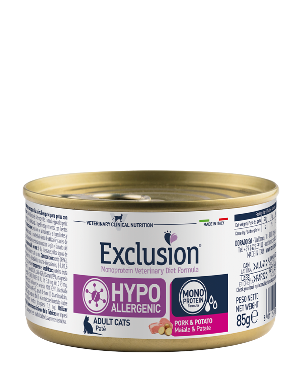 Exclusion Hypoallergenic Maiale e Patate 85 Grammi Cibo umido Per Gatti Adulti - 12 Lattine