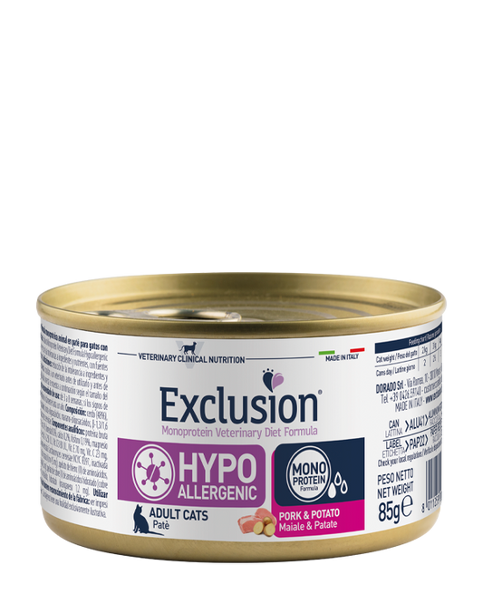 Exclusion Hypoallergenic Maiale e Patate 85 Grammi Cibo umido Per Gatti Adulti - 12 Lattine