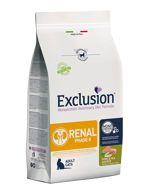 Exclusion Renal Phase 2 Con Maiale Piselli e riso 1,5 kg Cibo Secco Per Gatti Adulti