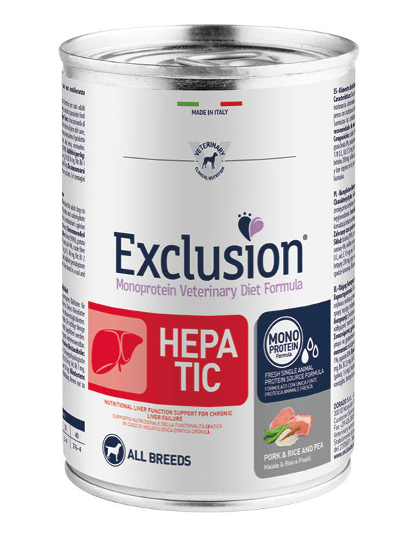 Exclusion Adult Hepatic Con Maiale e Piselli Per Cani Adulti - 12 Lattine