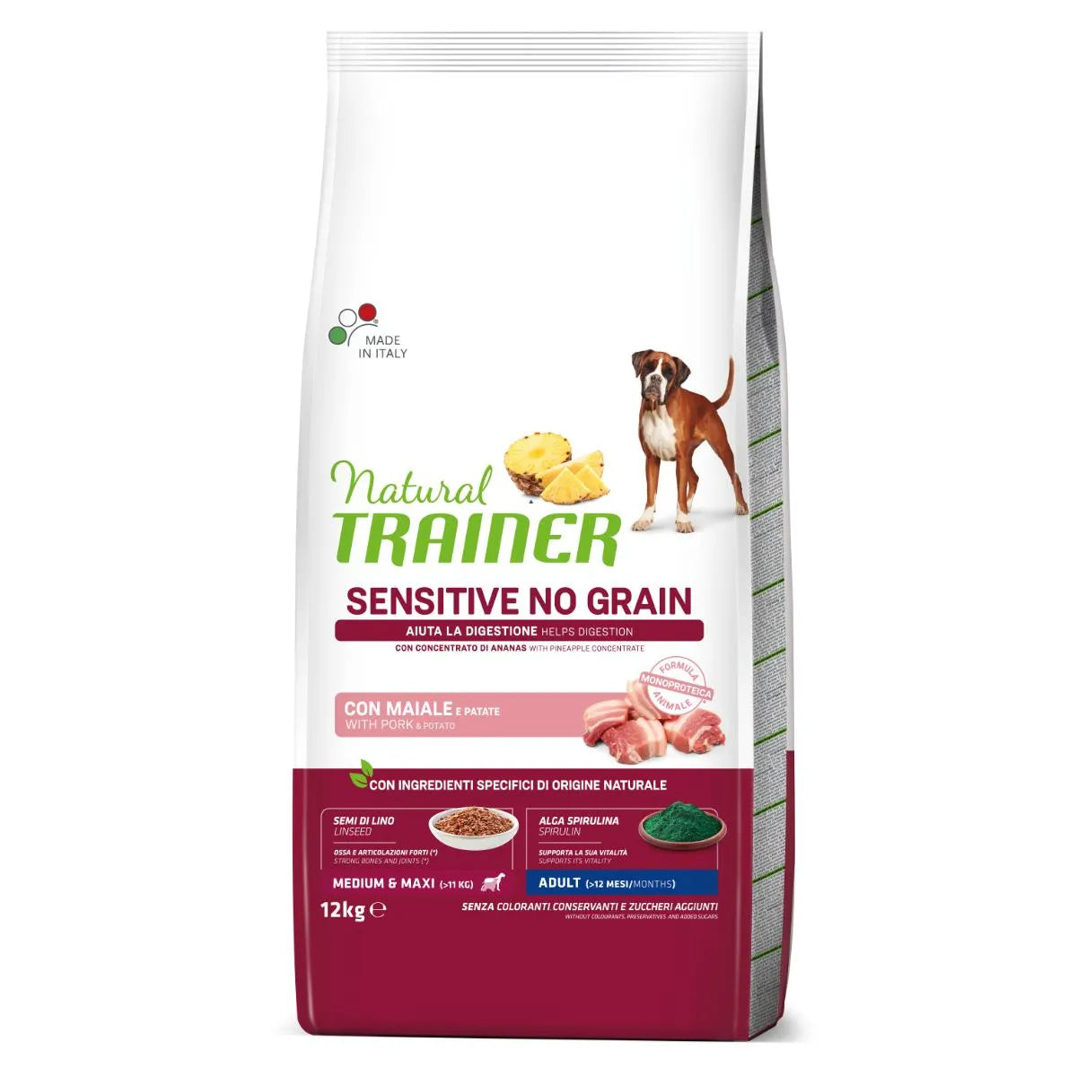 Natural Trainer Adult Medium & Large Sensitive No Grain Con Maiale e Patate Per Cani Adulti Di Taglia Media e Grande