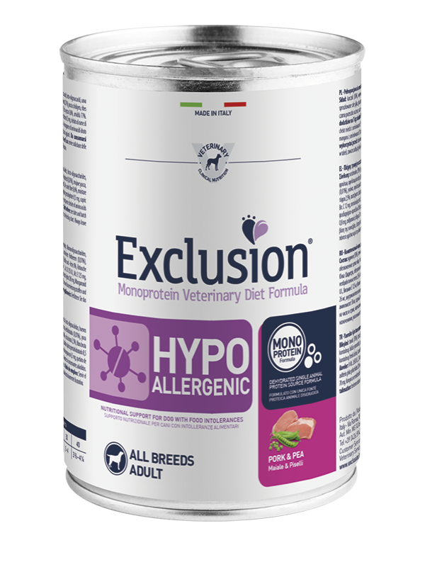 Exclusion Adult Hypoallergenic Con Maiale e Piselli Per Cani Adulti - 12 Lattine