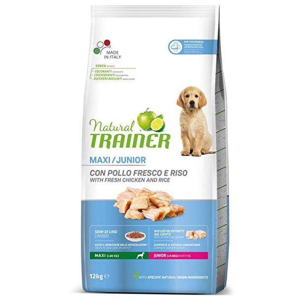 Natural Trainer Maxi Junior 12 kg Con Pollo Fresco e Riso Per cuccioli Di Taglia Grande (oltre i  9 Mesi)