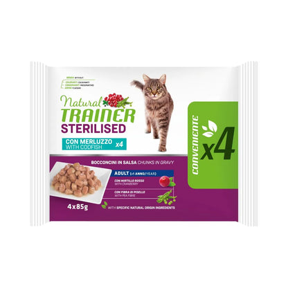 Natural Trainer Sterilised Flow Pack Cibo Umido Per Gatti Sterilizzati 4 Buste Da 85 Grammi