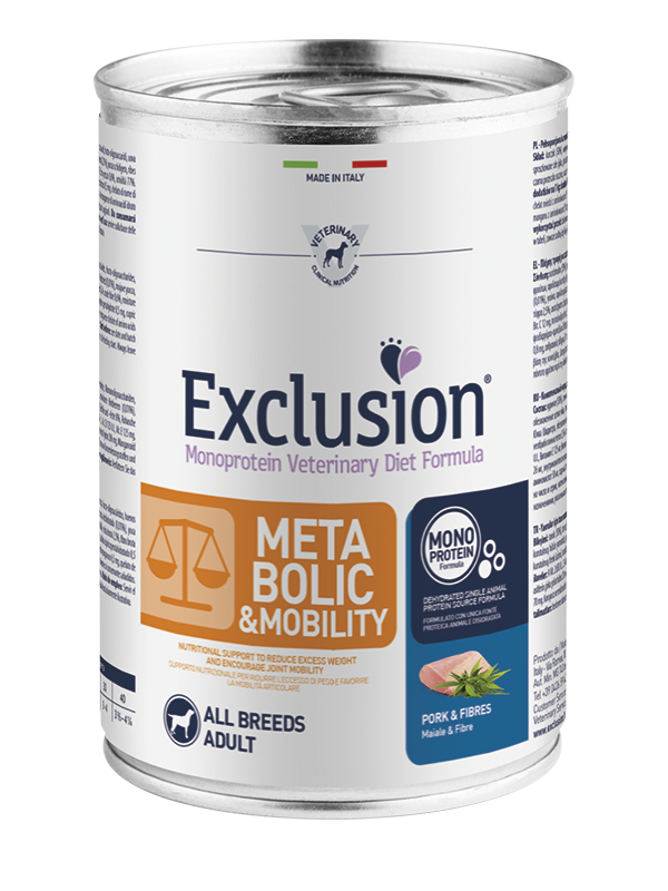 Exclusion Adult Metabolic & Mobility Con Maiale e Fibre Per Cani Adulti - 12 Lattine