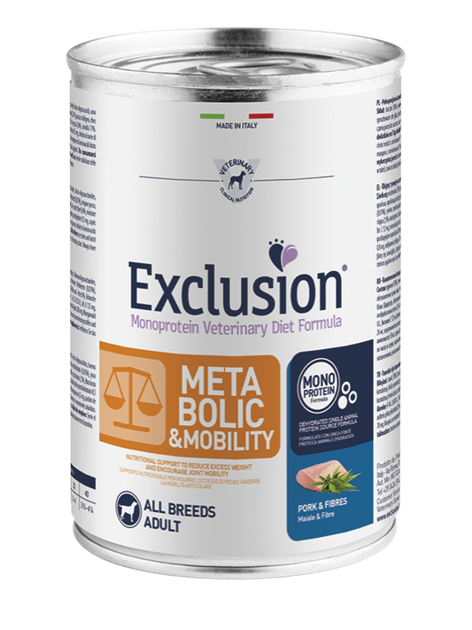 Exclusion Adult Metabolic & Mobility Con Maiale e Fibre Per Cani Adulti - 12 Lattine