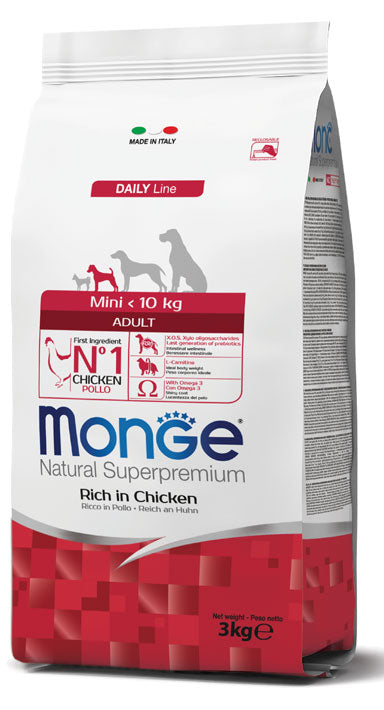 Monge Natural Superpremium Mini Adult 3 kg Ricco in Pollo Cibo Secco per Cani Adulti di Taglia Piccola