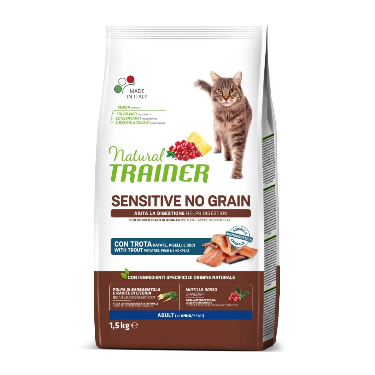 Natural Trainer Sensitive No Grain Cibo Secco Con Trota 1,5 kg Per Gatti Adulti