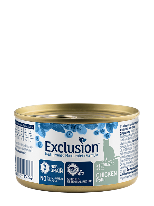 Exclusion Mediterraneo al Pollo 85 Grammi Cibo Secco per Gatti Sterilizzati 7+ - 12 lattine