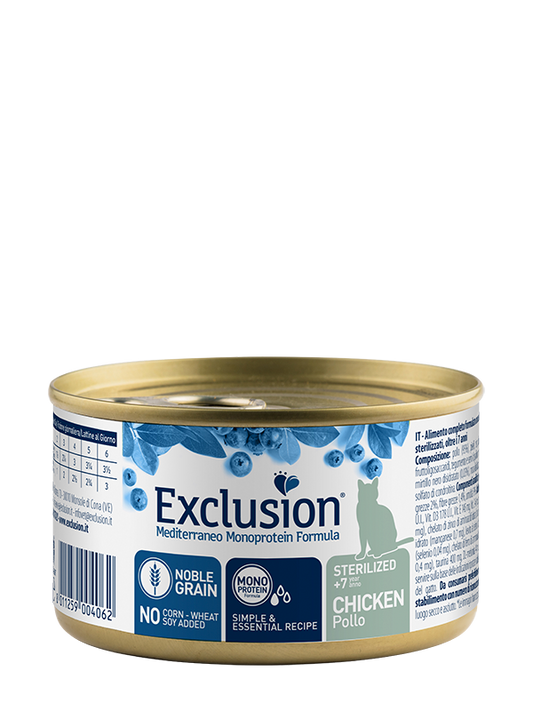 Exclusion Mediterraneo al Pollo 85 Grammi Cibo Secco per Gatti Sterilizzati 7+ - 12 lattine