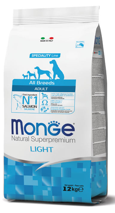 Monge Natural Superpremium All Breeds Adult Light Salmone con Riso Cibo Secco per Cani Adulti di Tutte le Taglie