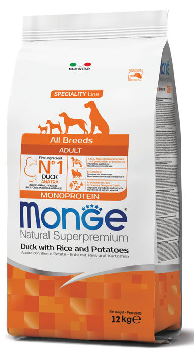 Monge Natural Superpremium All Breeds Puppy Junior Anatra con Riso e Patate Cibo Secco per Cani Cuccioli di Tutte le Taglie