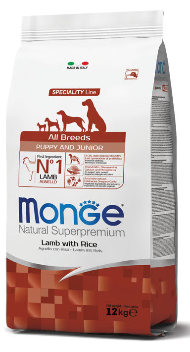 Monge Natural Superpremium All Breeds Puppy Junior Agnello con Riso Cibo Secco per Cani Cuccioli