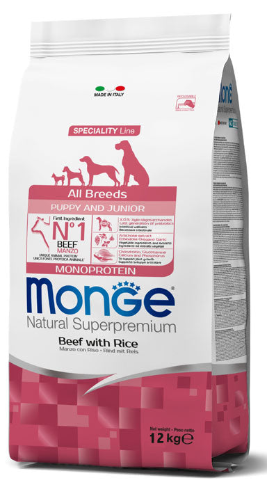 Monge Natural Superpremium All breeds Puppy Junior Manzo con Riso Cibo Secco per Cani Cuccioli