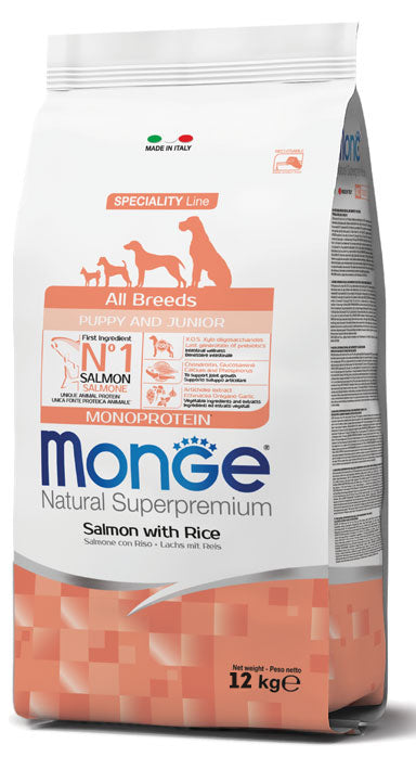 Monge Natural Superpremium All Breeds Puppy Junior Salmone con Riso Cibo Secco per Cani Cuccioli di Tutte le Taglie