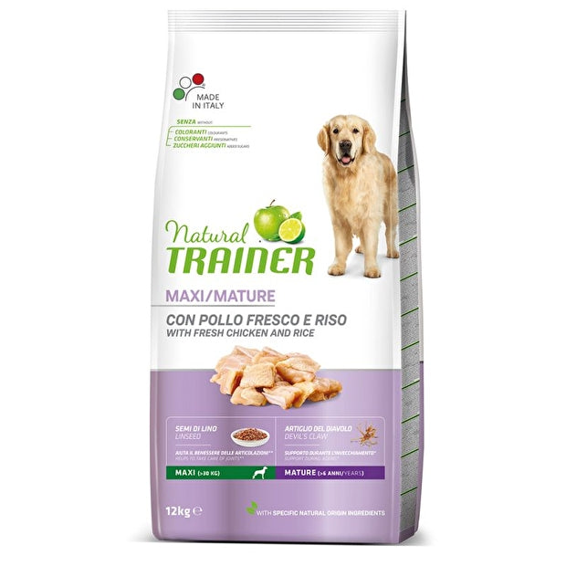 Natural Trainer Maxi Mature 12 kg Con Pollo Fresco e Riso Per Cani Anziani Di Taglia Grande Oltre 7 Anni