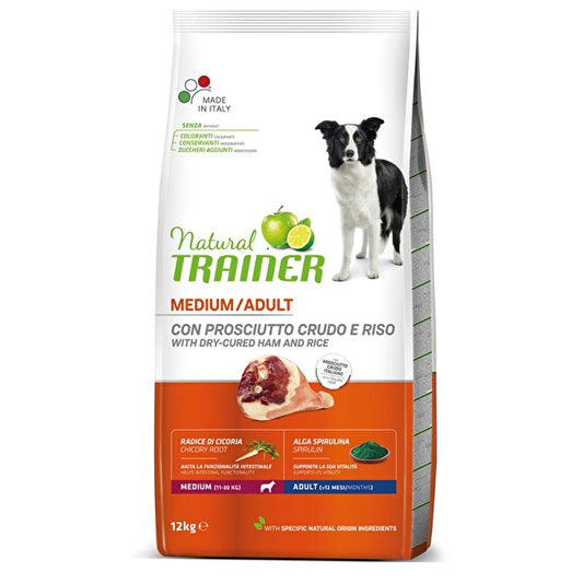 Natural Trainer Medium Adult Con Prosciutto Crudo e Riso Per Cani Adulti Taglia Media