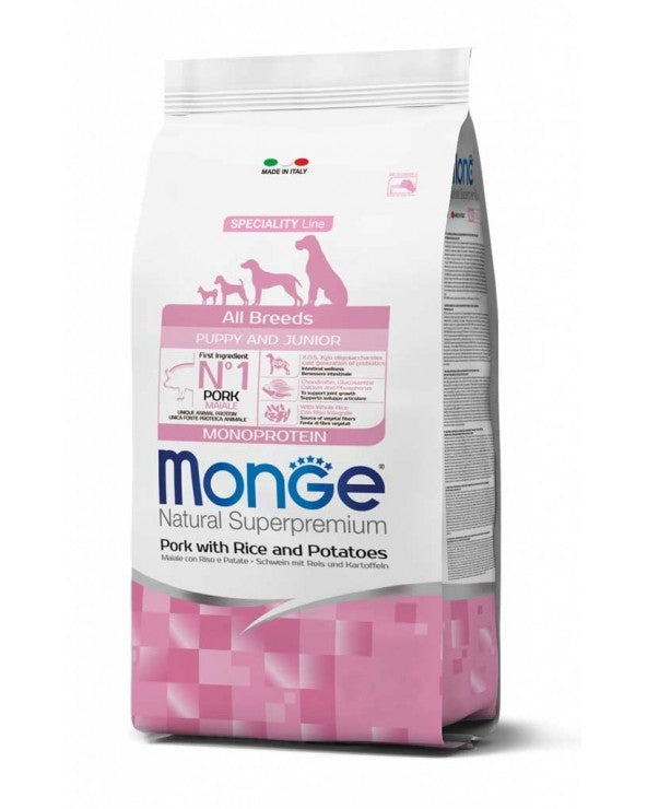 Monge Natural Superpremium All Breeds Puppy Junior Maiale con Riso e Patate Cibo Secco per Cani Cuccioli di Tutte le Taglie