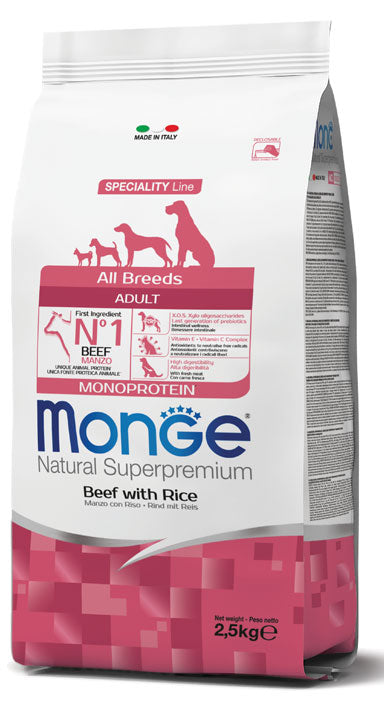 Monge Natural Superpremium All Breeds Adult Manzo con Riso Cibo Secco per Cani Adulti di Tutte le Taglie