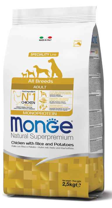 Monge Natural Superpremium All Breeds Pollo con Riso e Patate Cibo Secco per Cani Adulti di Tutte le Taglie