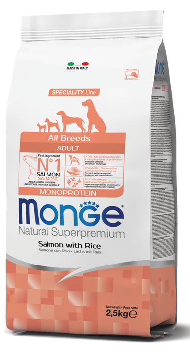 Monge Natural Superpremium All Breeds Adult Salmone con Riso Cibo Secco per Cani Adulti di Tutte le Taglie