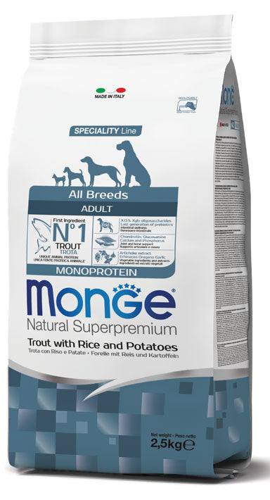 Monge Natural Superpremium All breeds Adult Trota con Riso e Patate Cibo Secco per Cani Adulti di Tutte le Taglie