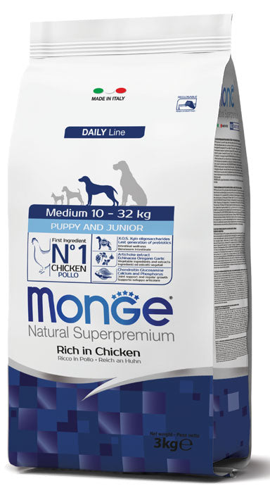 Monge Natural Superpremium Medium Puppy Junior Ricco in Pollo Cibo Secco per Cani Cuccioli di Taglia Media