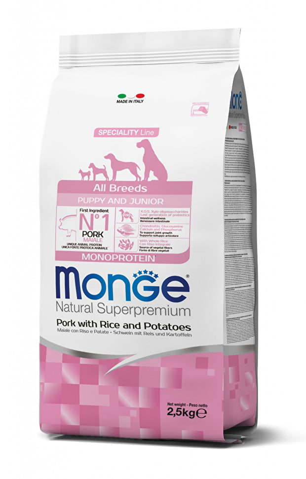 Monge Natural Superpremium All Breeds Puppy Junior Maiale con Riso e Patate Cibo Secco per Cani Cuccioli di Tutte le Taglie