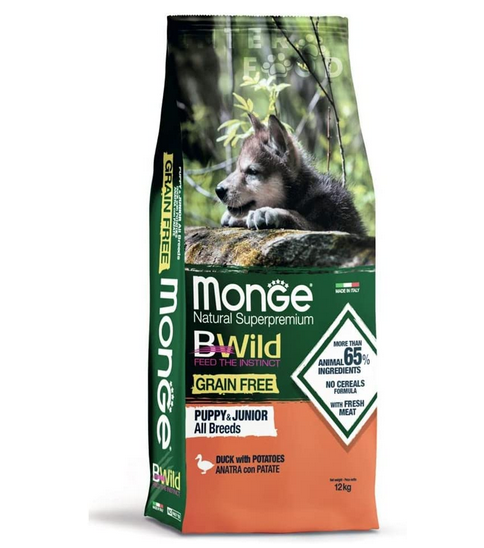 Monge Bwild Grain Free All Breeds Puppy Junior Anatra con Patate Cibo Secco per Cani Cuccioli di Tutte le Taglie